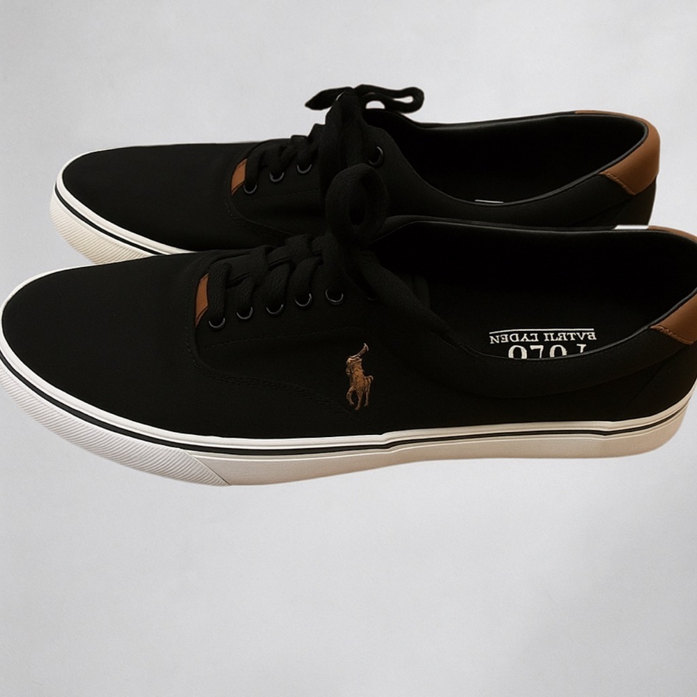 Polo Ralph Lauren Thorton Men’s Sneakers 11.5 Black Canvas Leather Trim Casual